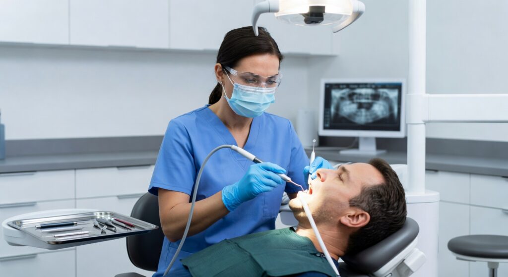 Dental hygienist performing deep cleaning scaling procedure