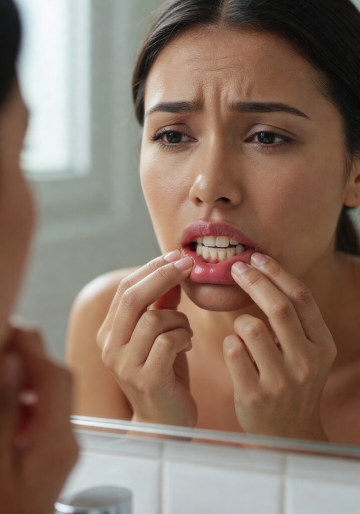 Person checking swollen gums in mirror