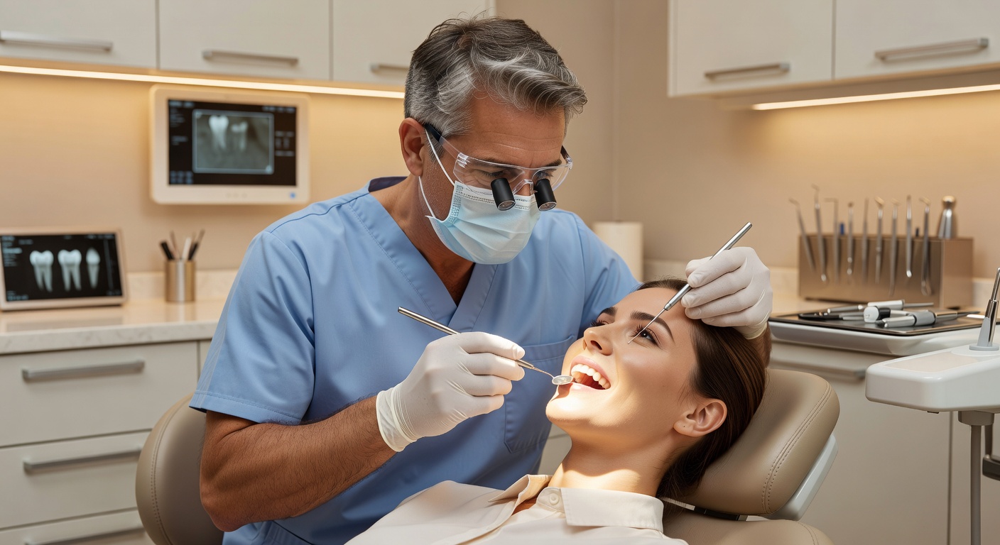 Dentist examining patient gums during dental checkup