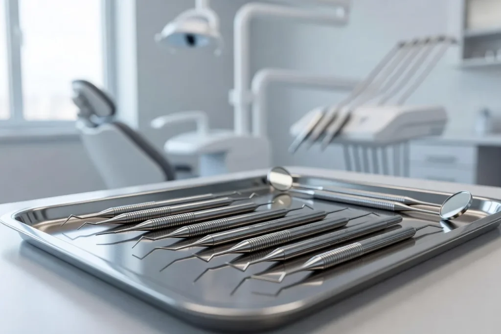 Sterile dental instruments on a tray in a West Austin dental office