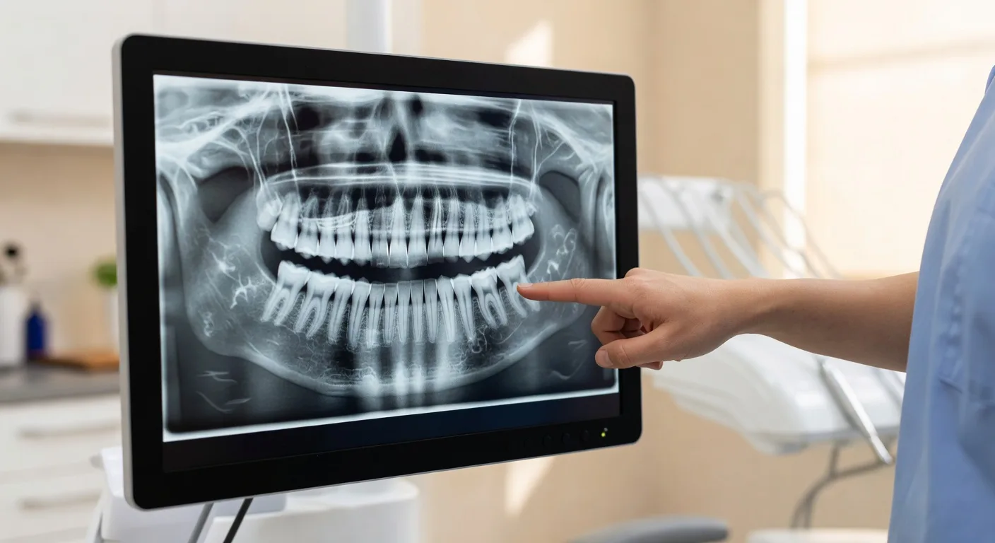 Dentist pointing to a problem molar on a panoramic digital image
