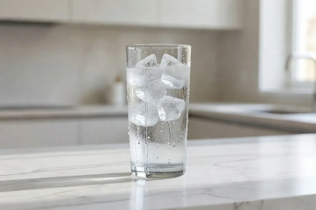 Glass of ice water on a kitchen counter, a common trigger for sensitive teeth