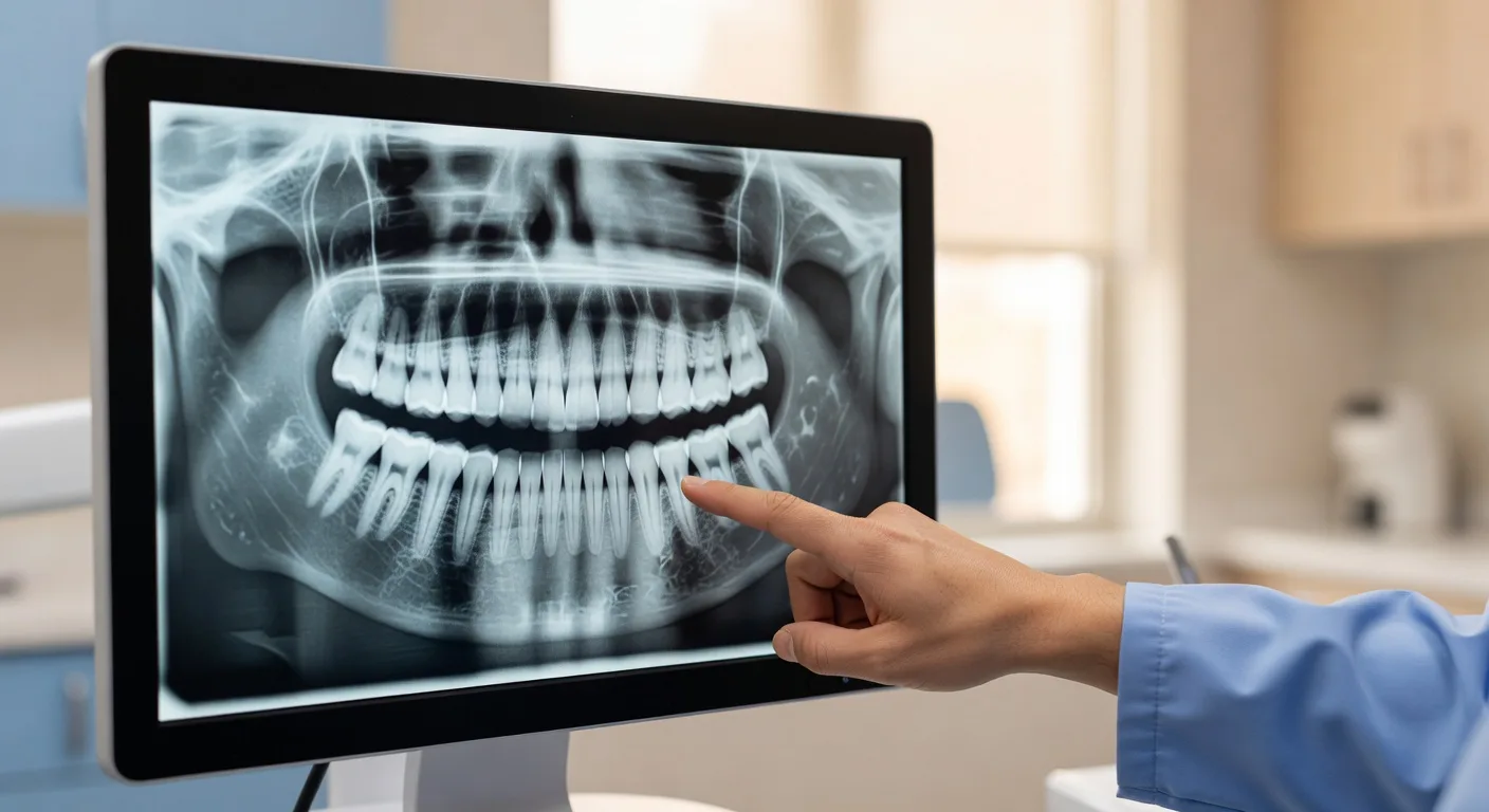 Dentist pointing to a panoramic digital image on a chairside monitor in a West Austin dental office