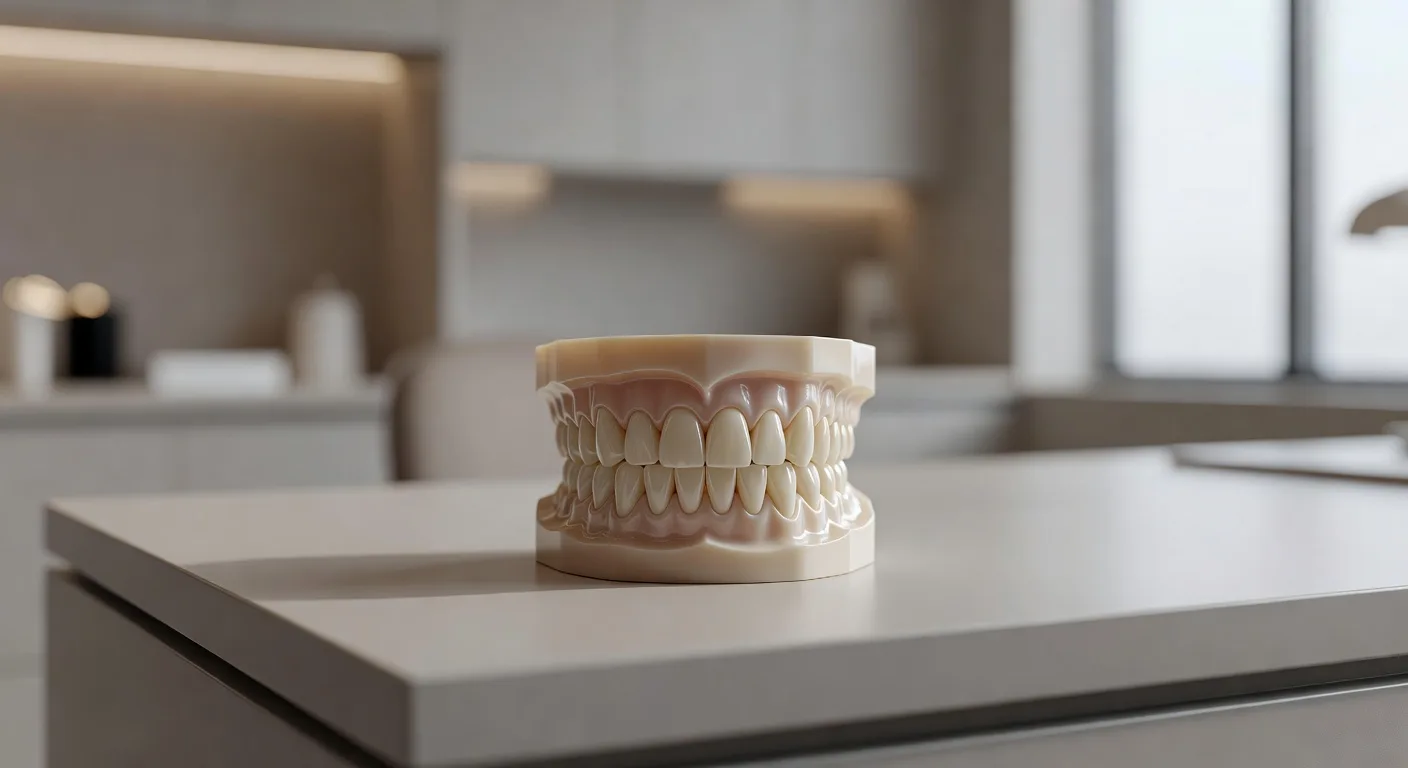 Dental model of upper and lower teeth showing the biting surfaces
